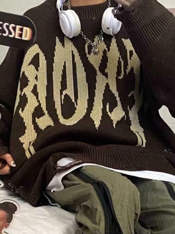 Y2K Aesthetic Letter Jacquard Pullover Sweater with Ripped Holes - Women's Fashion