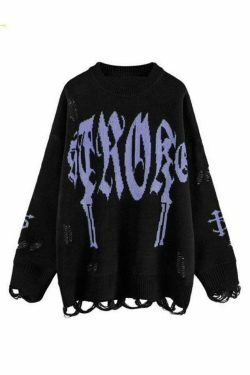 Y2K Aesthetic Letter Jacquard Pullover Sweater with Ripped Holes - Women's Fashion