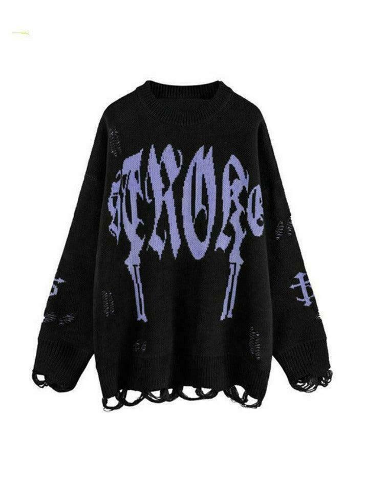 Y2K Aesthetic Letter Jacquard Pullover Sweater with Ripped Holes - Women's Fashion