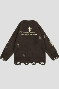 Y2K Aesthetic Letter Jacquard Pullover Sweater with Ripped Holes - Women's Fashion