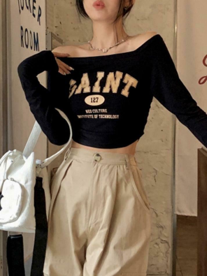 Y2K Aesthetic Letter Print Off Shoulder Tee for Women - Coquette Grunge Style Fashion Top