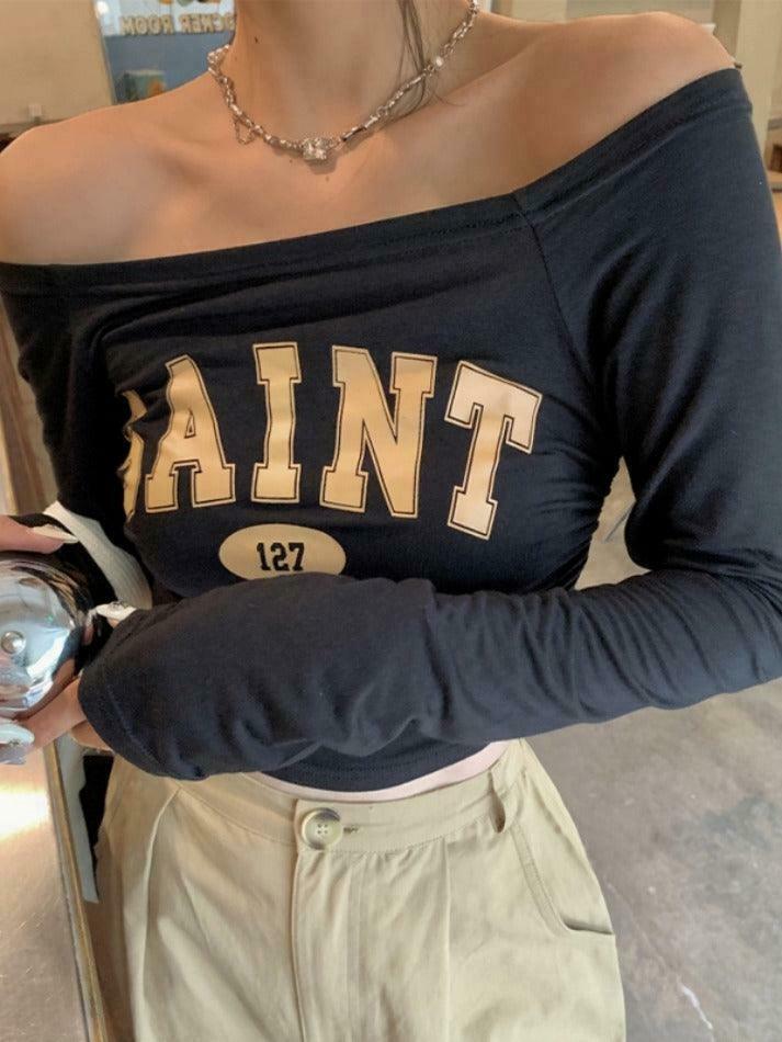 Y2K Aesthetic Letter Print Off Shoulder Tee for Women - Coquette Grunge Style Fashion Top
