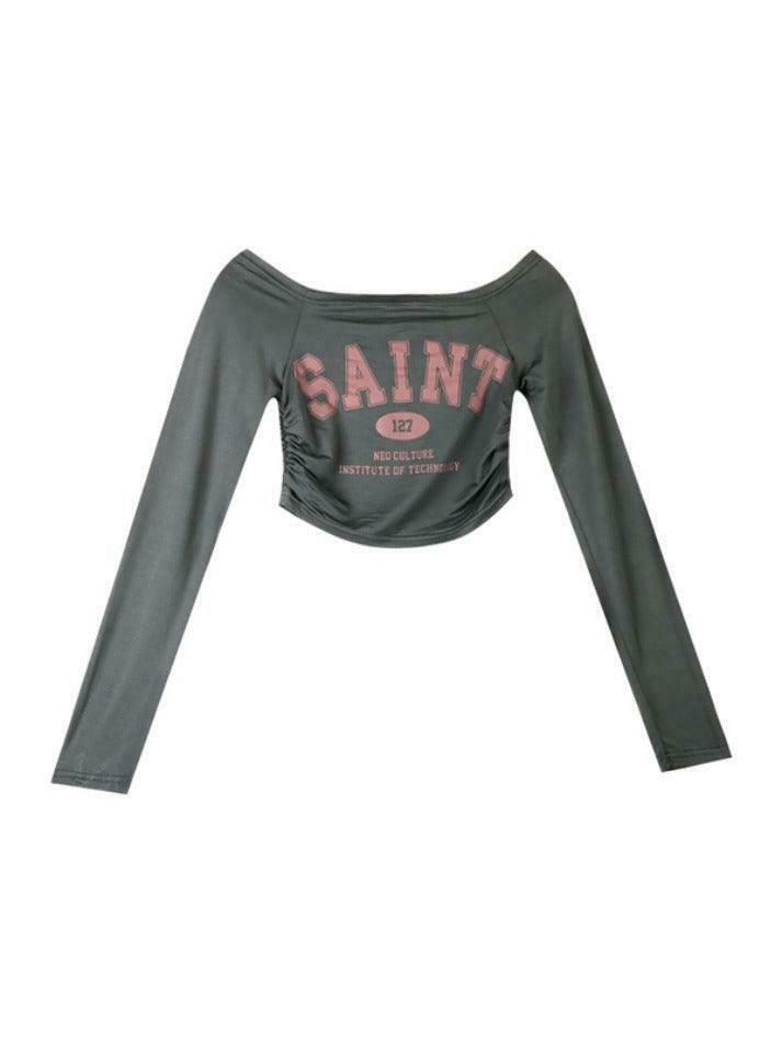 Y2K Aesthetic Letter Print Off Shoulder Tee for Women - Coquette Grunge Style Fashion Top