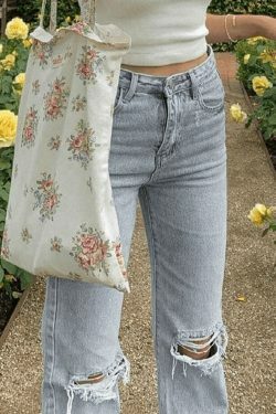 Y2K Aesthetic: Light Wash Ripped Jeans - Coquette Fashion with Grunge Style