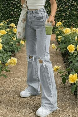 Y2K Aesthetic: Light Wash Ripped Jeans - Coquette Fashion with Grunge Style