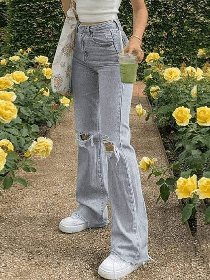 Y2K Aesthetic: Light Wash Ripped Jeans - Coquette Fashion with Grunge Style Y2K Aesthetic: Light Wash Ripped Jeans - Coquette Fashion with Grunge Style