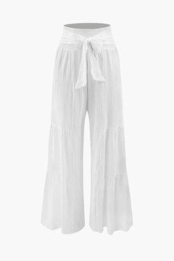 Y2K Aesthetic Linen Tie Waist Wide Leg Pants - Coquette Grunge with Pastel Goth Touch