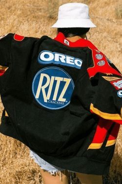 Y2K Aesthetic Logo Graphic Oversized Varsity Jacket for Women - Coquette & Grunge Style Fashion