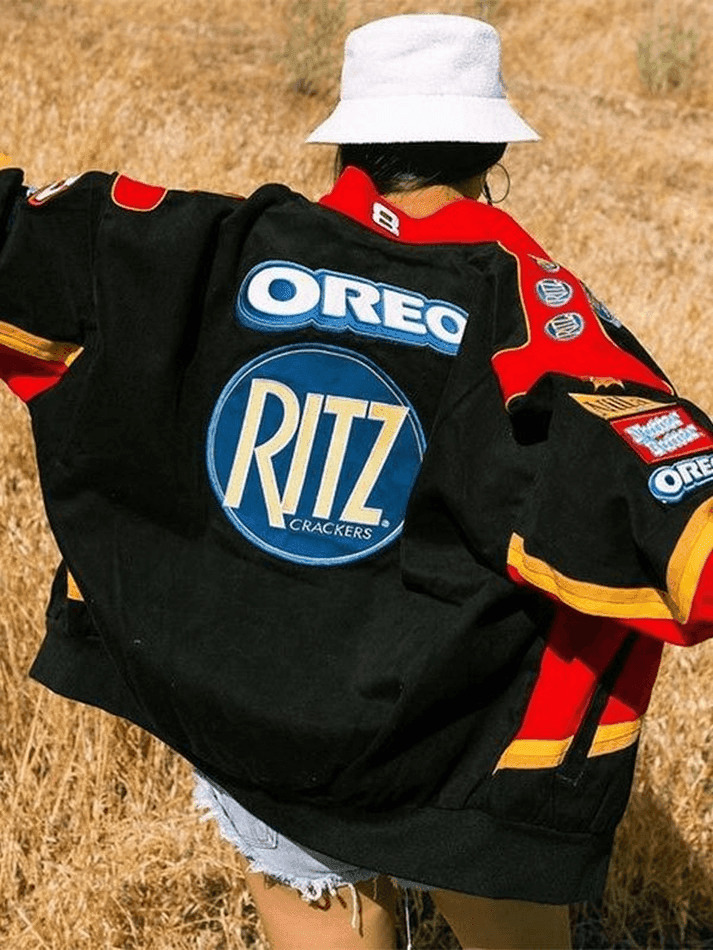 Y2K Aesthetic Logo Graphic Oversized Varsity Jacket for Women - Coquette & Grunge Style Fashion