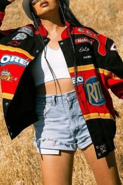 Y2K Aesthetic Logo Graphic Oversized Varsity Jacket for Women - Coquette & Grunge Style Fashion