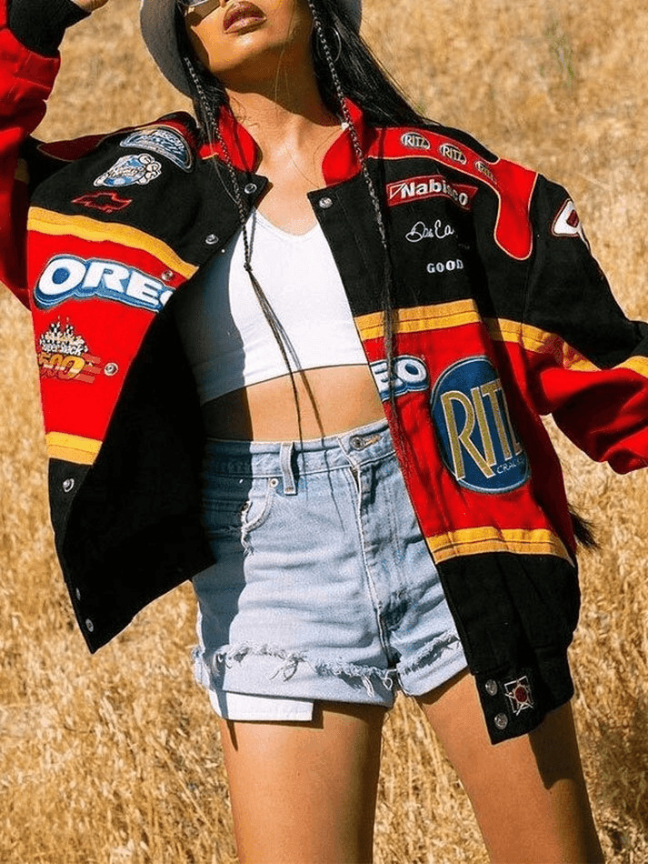 Y2K Aesthetic Logo Graphic Oversized Varsity Jacket for Women - Coquette & Grunge Style Fashion