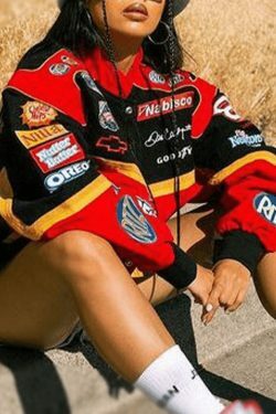 Y2K Aesthetic Logo Graphic Oversized Varsity Jacket for Women - Coquette & Grunge Style Fashion