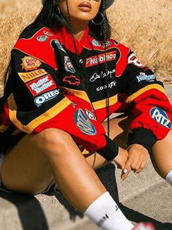 Y2K Aesthetic Logo Graphic Oversized Varsity Jacket for Women - Coquette & Grunge Style Fashion