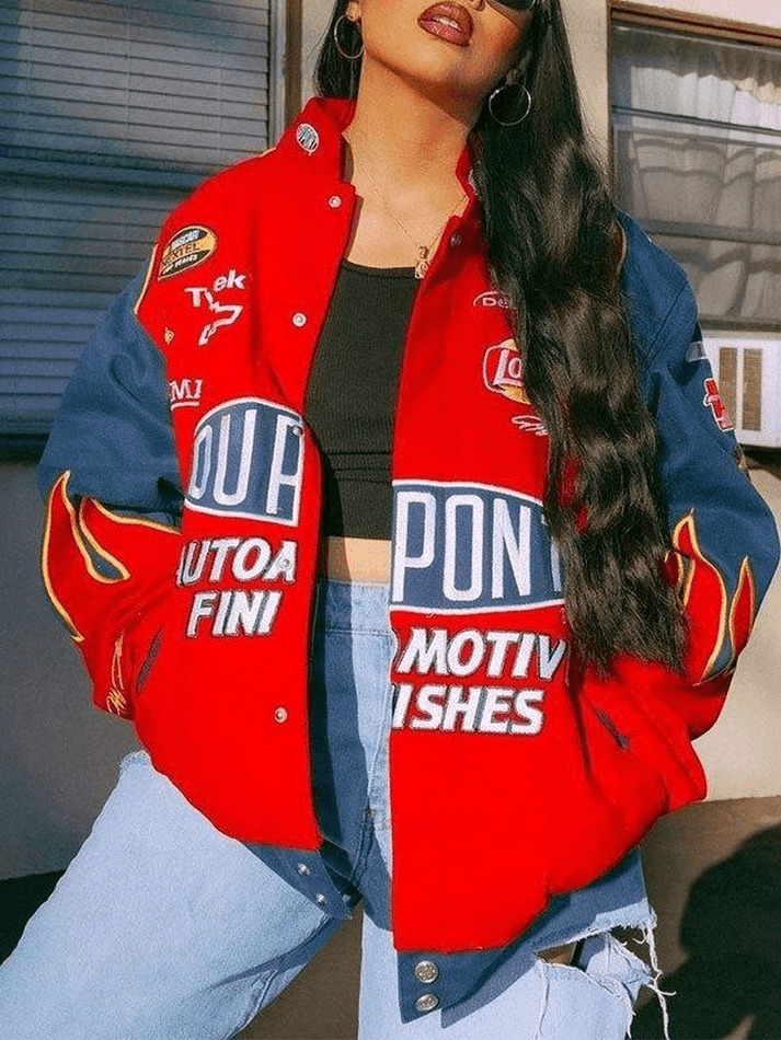 Y2K Aesthetic Logo Print Moto Varsity Jacket - Retro-inspired Grunge Style for Women's Fashion