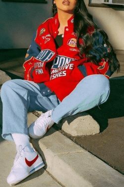 Y2K Aesthetic Logo Print Moto Varsity Jacket - Retro-inspired Grunge Style for Women's Fashion