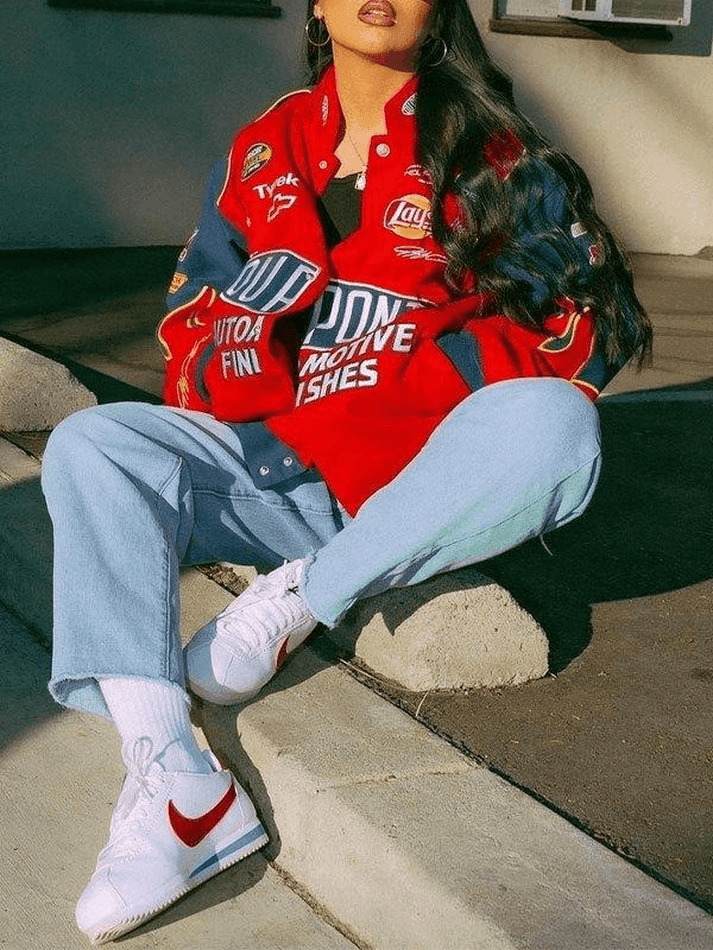 Y2K Aesthetic Logo Print Moto Varsity Jacket - Retro-inspired Grunge Style for Women's Fashion