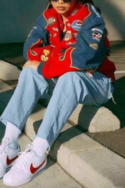 Y2K Aesthetic Logo Print Moto Varsity Jacket - Retro-inspired Grunge Style for Women's Fashion