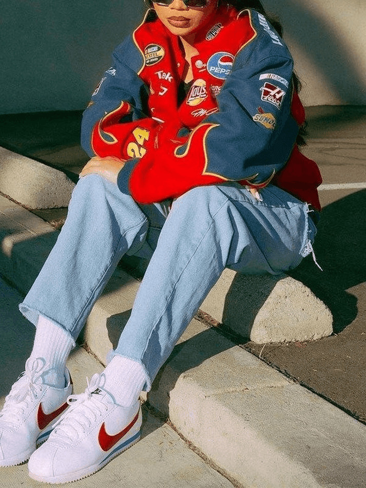 Y2K Aesthetic Logo Print Moto Varsity Jacket - Retro-inspired Grunge Style for Women's Fashion