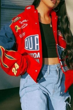 Y2K Aesthetic Logo Print Moto Varsity Jacket - Retro-inspired Grunge Style for Women's Fashion