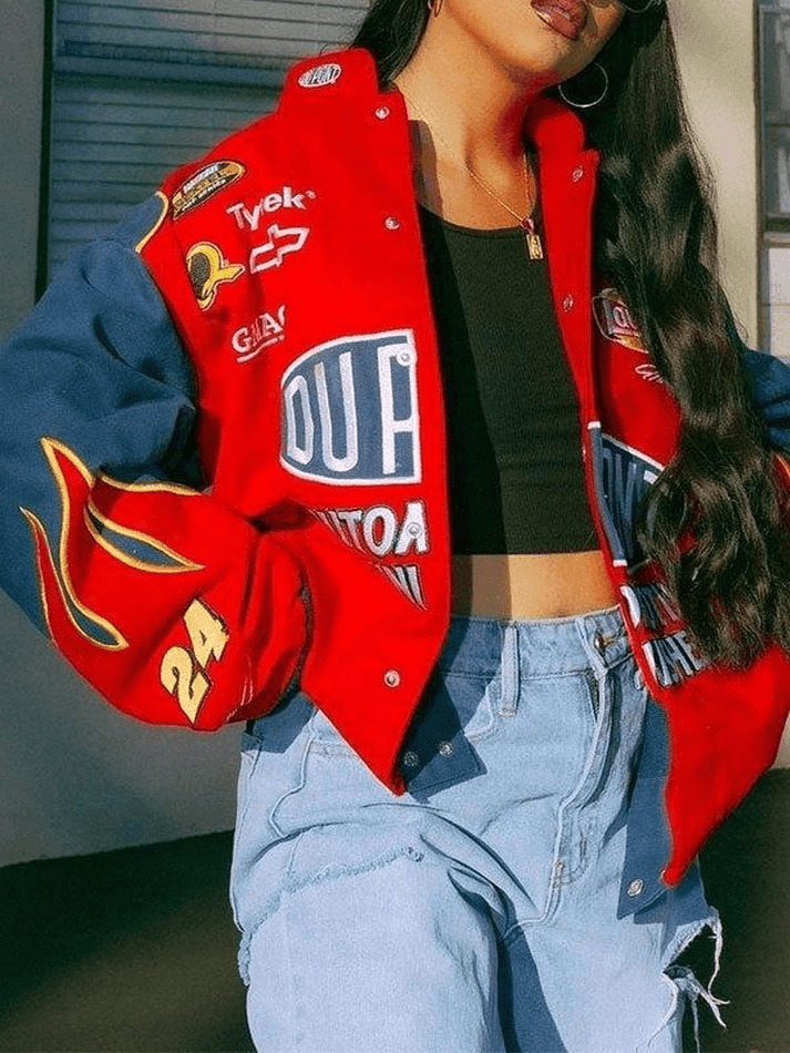 Y2K Aesthetic Logo Print Moto Varsity Jacket - Retro-inspired Grunge Style for Women's Fashion