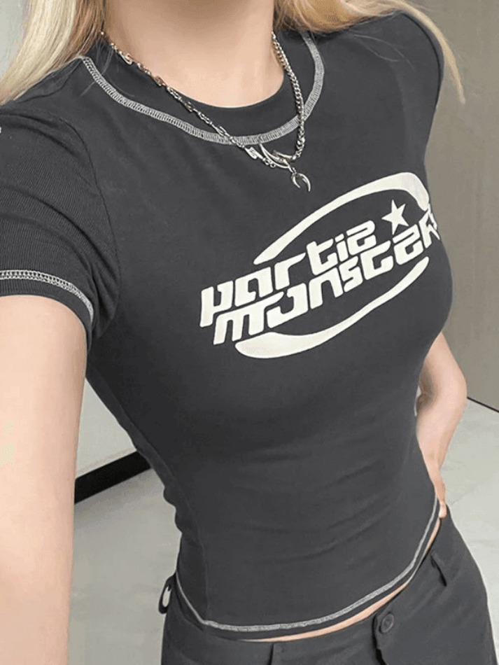 Y2K Aesthetic Logo Tee: Coquette Grunge Style, Cute Tops, Pastel Goth, Cargo Skirt