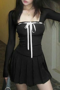 Y2K Aesthetic Long-Sleeve Square Neck Mini Pleated Dress for Women - Coquette Style Grunge Fashion