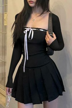 Y2K Aesthetic Long-Sleeve Square Neck Mini Pleated Dress for Women - Coquette Style Grunge Fashion