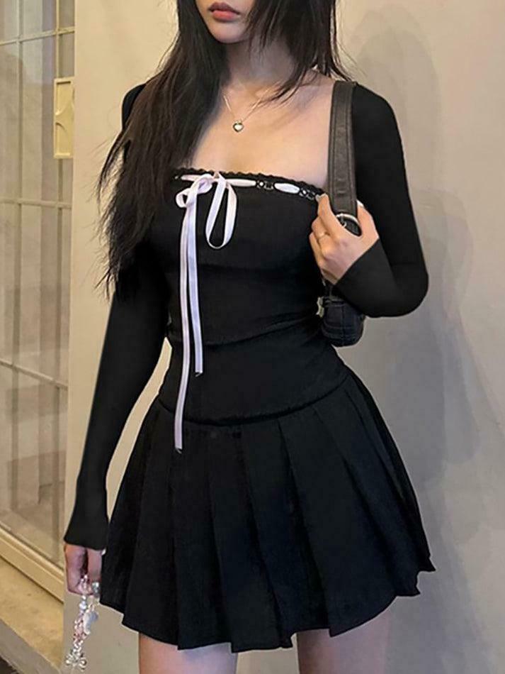 Y2K Aesthetic Long-Sleeve Square Neck Mini Pleated Dress for Women - Coquette Style Grunge Fashion Y2K Aesthetic Long-Sleeve Square Neck Mini Pleated Dress for Women - Coquette Style Grunge Fashion