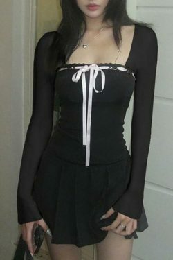 Y2K Aesthetic Long-Sleeve Square Neck Mini Pleated Dress for Women - Coquette Style Grunge Fashion