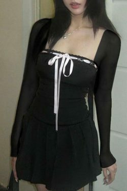 Y2K Aesthetic Long-Sleeve Square Neck Mini Pleated Dress for Women - Coquette Style Grunge Fashion