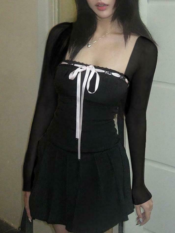 Y2K Aesthetic Long-Sleeve Square Neck Mini Pleated Dress for Women - Coquette Style Grunge Fashion Y2K Aesthetic Long-Sleeve Square Neck Mini Pleated Dress for Women - Coquette Style Grunge Fashion