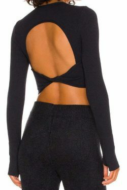 Y2K Aesthetic Long-Sleeved Threaded Yoga Belt Chest Pad Top - Coquette Grunge Style