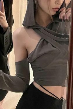 Y2K Aesthetic Long Sleeve Cold-Shoulder Hooded Crop Top