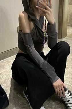 Y2K Aesthetic Long Sleeve Cold-Shoulder Hooded Crop Top