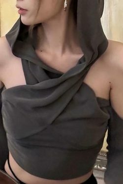 Y2K Aesthetic Long Sleeve Cold-Shoulder Hooded Crop Top