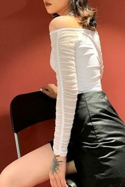 Y2K Aesthetic Long Sleeve Cold Shoulder Sheer Top for Women - Coquette Style Grunge Fashion