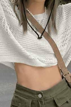 Y2K Aesthetic Long Sleeve Hollow Crochet Knit Crop Top