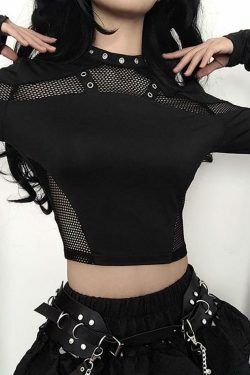 Y2K Aesthetic Long Sleeve Mesh Panel Plain Crop Top for Women - Coquette Style Grunge Fashion