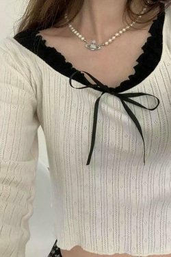 Y2K Aesthetic Long Sleeve Mock Two Piece Bow Crop Top