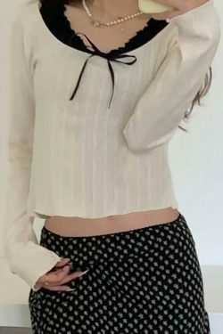Y2K Aesthetic Long Sleeve Mock Two Piece Bow Crop Top