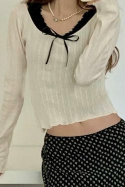 Y2K Aesthetic Long Sleeve Mock Two Piece Bow Crop Top