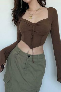 Y2K Aesthetic Long Sleeve Square-Neck Ruched Tie-Front Crop Top