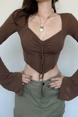 Y2K Aesthetic Long Sleeve Square-Neck Ruched Tie-Front Crop Top