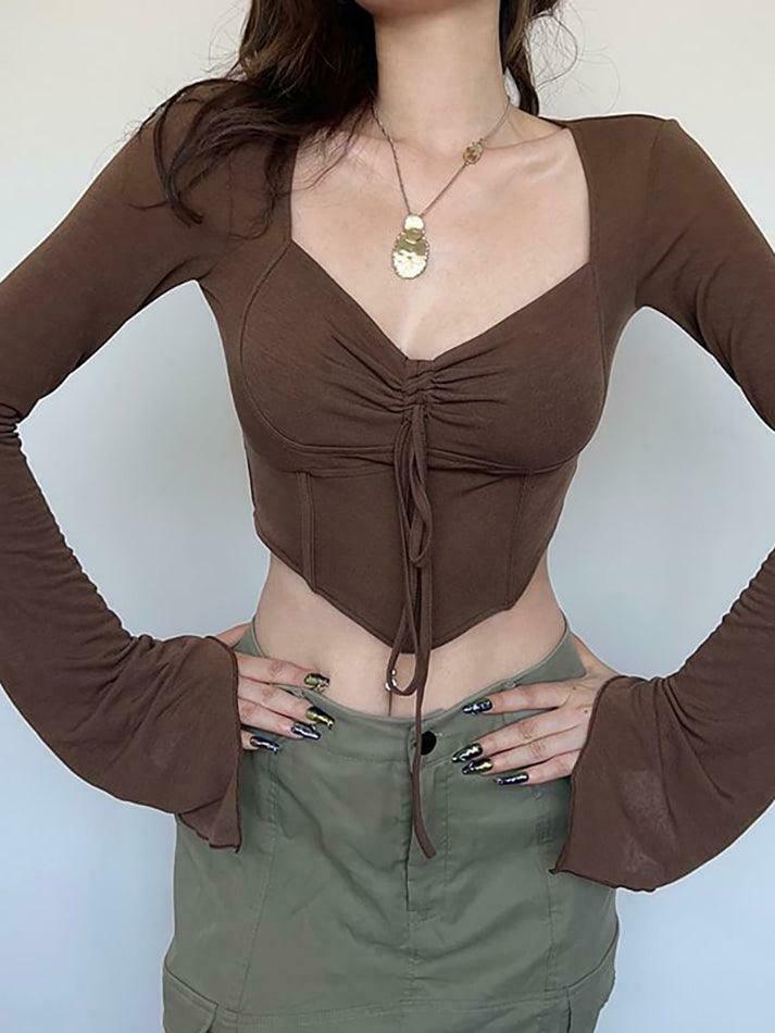 Y2K Aesthetic Long Sleeve Square-Neck Ruched Tie-Front Crop Top Y2K Aesthetic Long Sleeve Square-Neck Ruched Tie-Front Crop Top