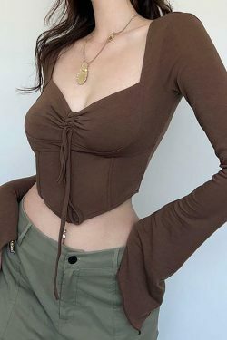 Y2K Aesthetic Long Sleeve Square-Neck Ruched Tie-Front Crop Top