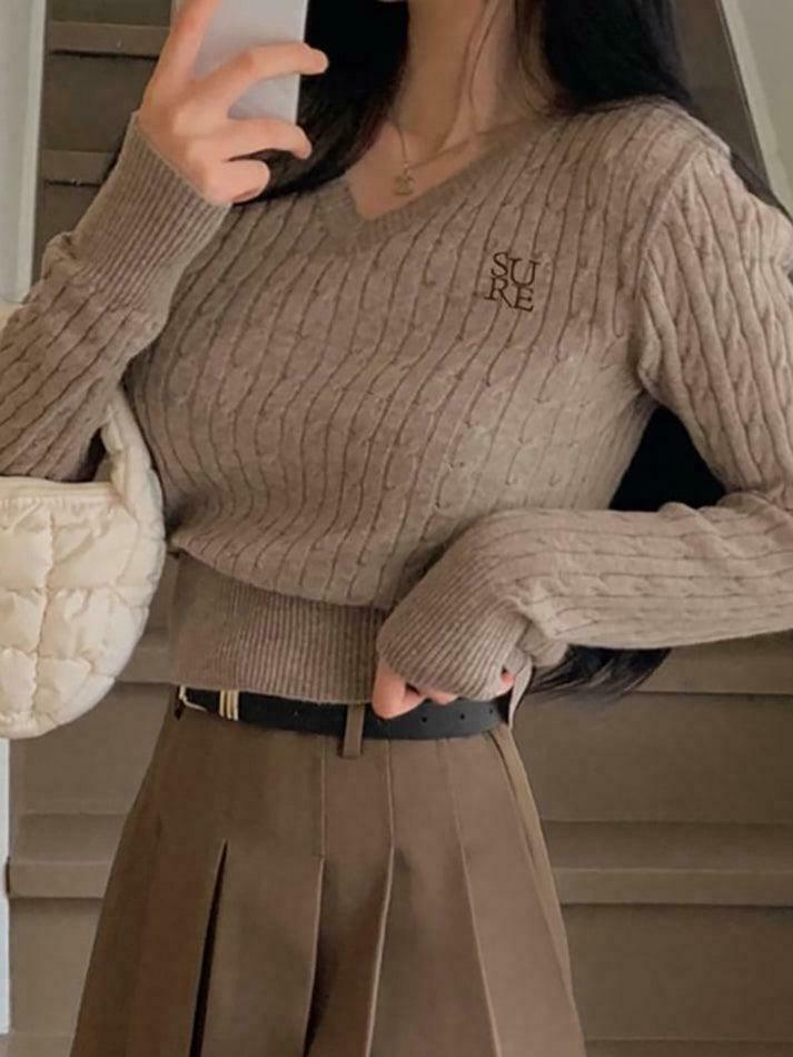 Y2K Aesthetic Long Sleeve V-Neck Cable-Knit Crop Top with Embroidered Lettering Y2K Aesthetic Long Sleeve V-Neck Cable-Knit Crop Top with Embroidered Lettering