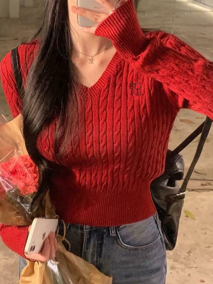 Y2K Aesthetic Long Sleeve V-Neck Cable-Knit Crop Top with Embroidered Lettering Y2K Aesthetic Long Sleeve V-Neck Cable-Knit Crop Top with Embroidered Lettering