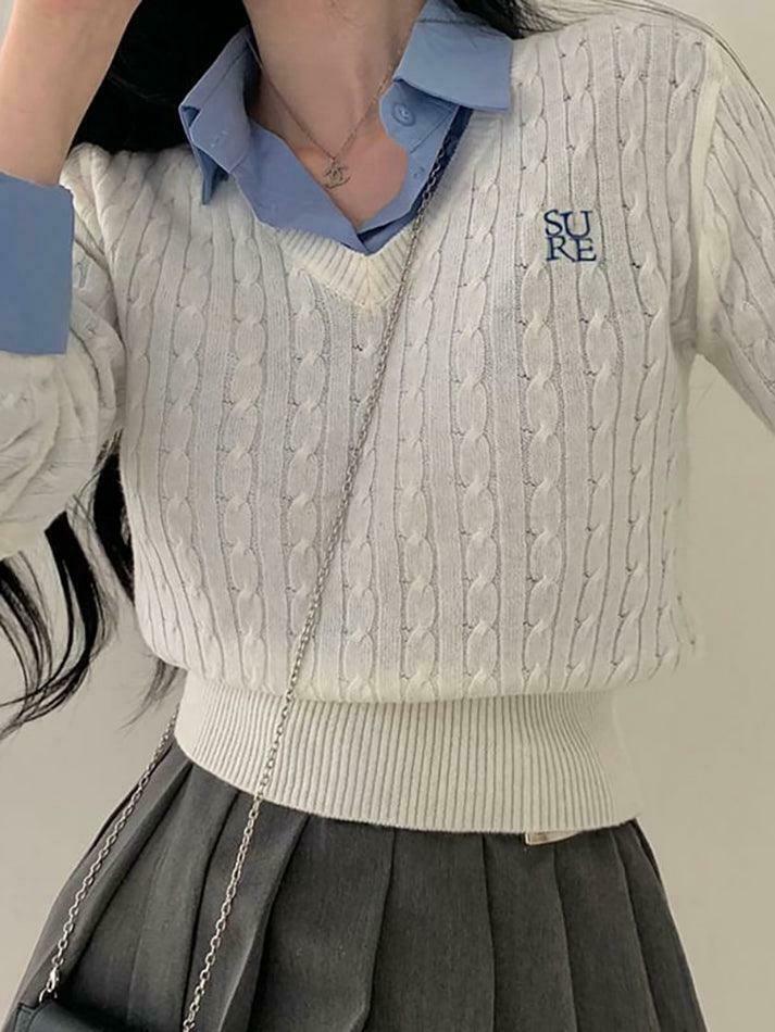 Y2K Aesthetic Long Sleeve V-Neck Cable-Knit Crop Top with Embroidered Lettering Y2K Aesthetic Long Sleeve V-Neck Cable-Knit Crop Top with Embroidered Lettering