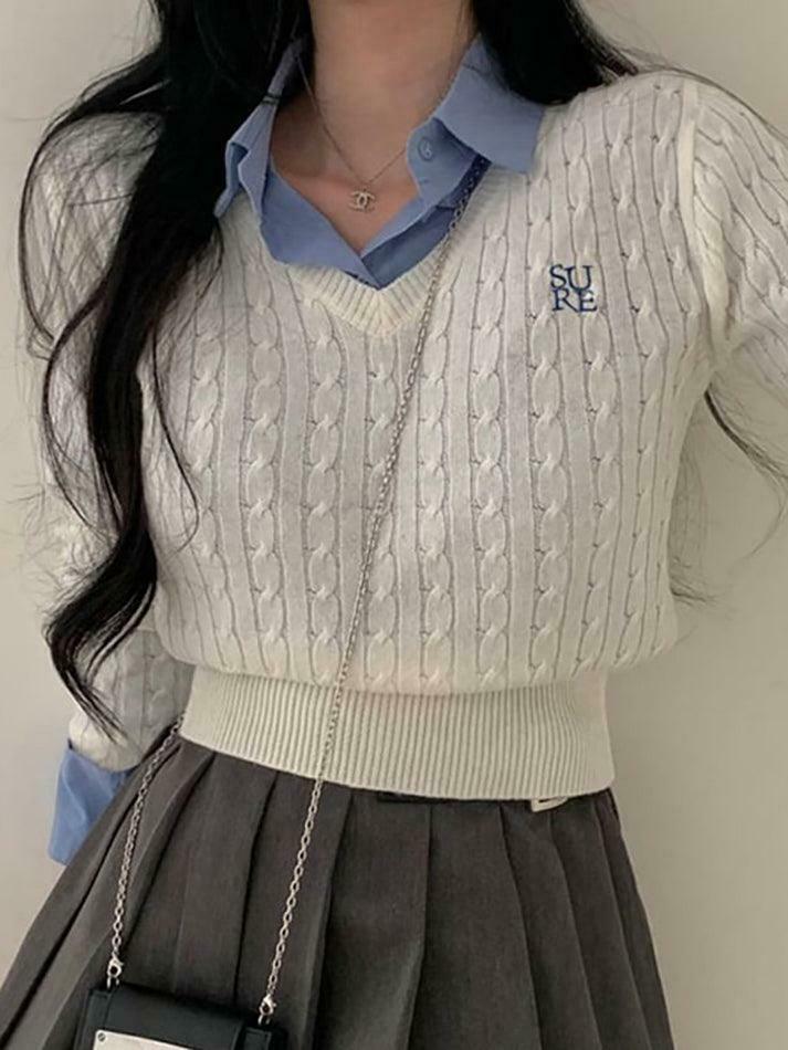 Y2K Aesthetic Long Sleeve V-Neck Cable-Knit Crop Top with Embroidered Lettering Y2K Aesthetic Long Sleeve V-Neck Cable-Knit Crop Top with Embroidered Lettering