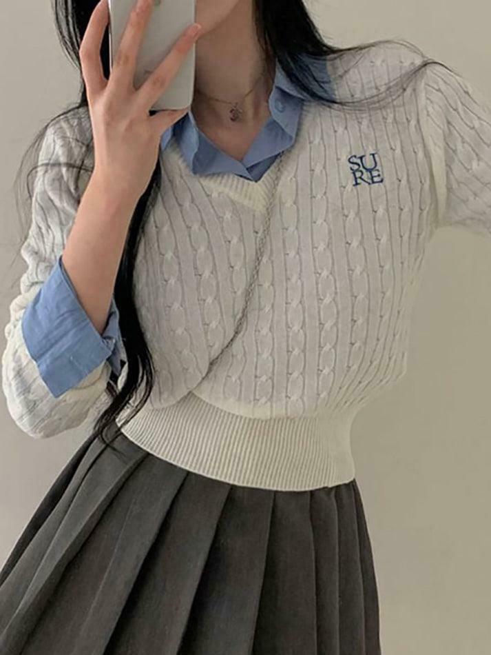 Y2K Aesthetic Long Sleeve V-Neck Cable-Knit Crop Top with Embroidered Lettering Y2K Aesthetic Long Sleeve V-Neck Cable-Knit Crop Top with Embroidered Lettering